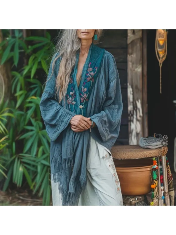 Women's Linen Bohemian Floral Print Tassel Kimono - Viewbena.com 