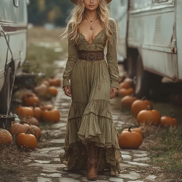 Vintage Cowgirl Style Halloween Floral Dress - Localziv.com 