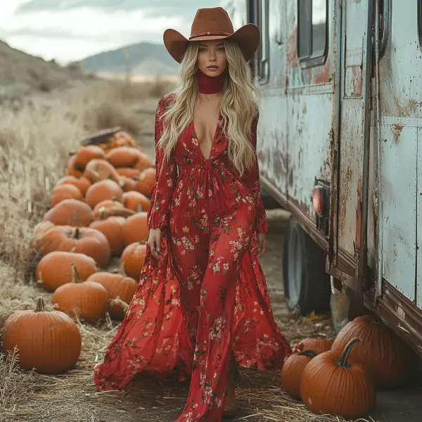 Vintage Cowgirl Style Halloween Floral Dress - Ootdyouth.com 