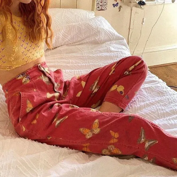 Women's Vintage Butterfly Print Trousers - Ootdyouth.com 