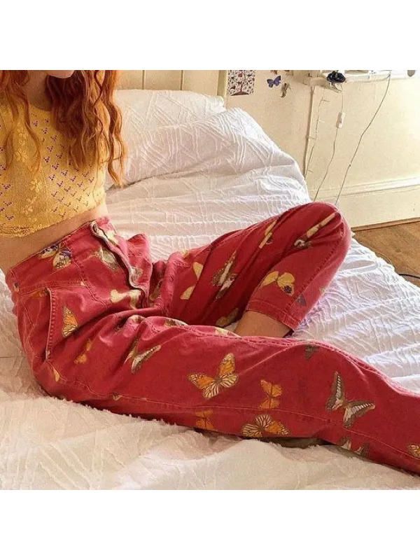 Women's Vintage Butterfly Print Trousers - Timetomy.com 