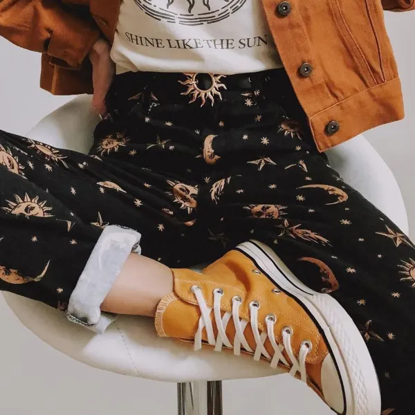 Women's Star And Moon Print Retro Pants - Spiretime.com 