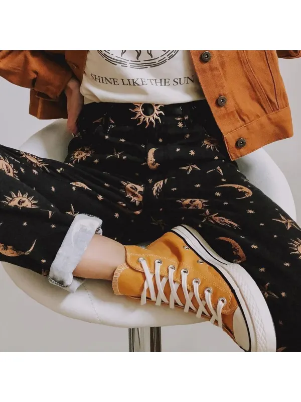 Women's Star And Moon Print Retro Pants - Anrider.com 