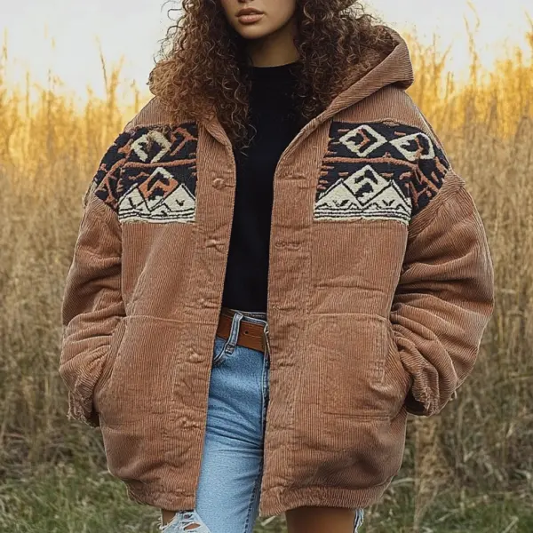 Women's Vintage Aztec Panel Corduroy Hooded Jacket - Spiretime.com 