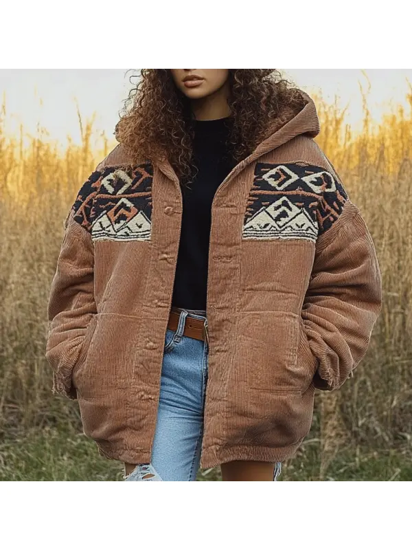 Women's Vintage Aztec Panel Corduroy Hooded Jacket - Timetomy.com 