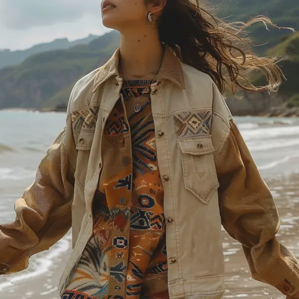 Vacation Retro Color Block Ethnic Print Jacket - Localziv.com 