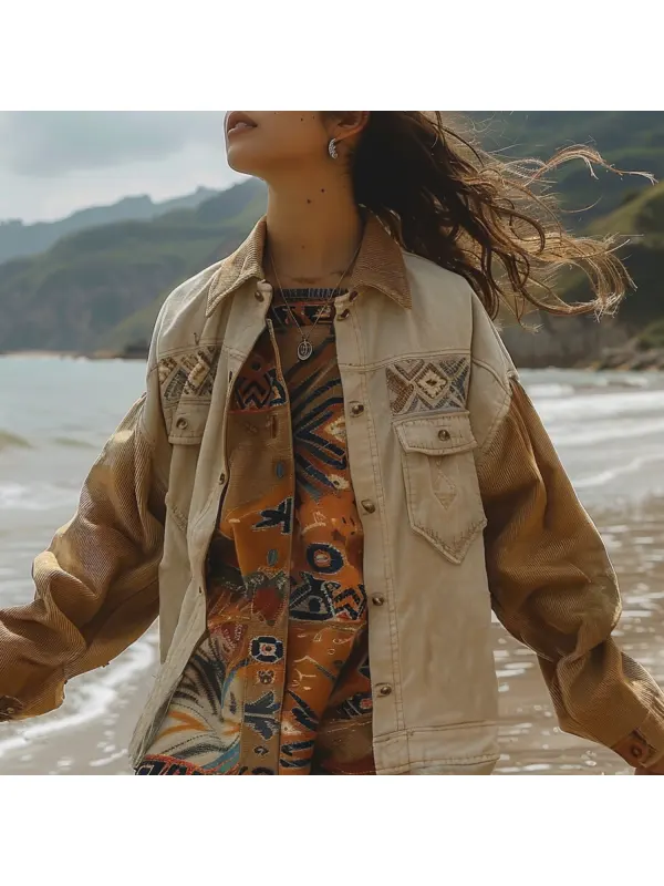 Vacation Retro Color Block Ethnic Print Jacket - Realyiyi.com 