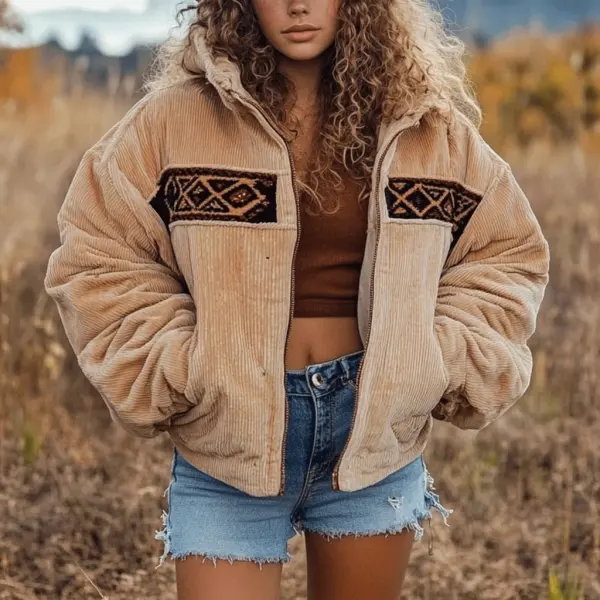 Women's Aztec Panel Corduroy Hooded Jacket - Ootdyouth.com 