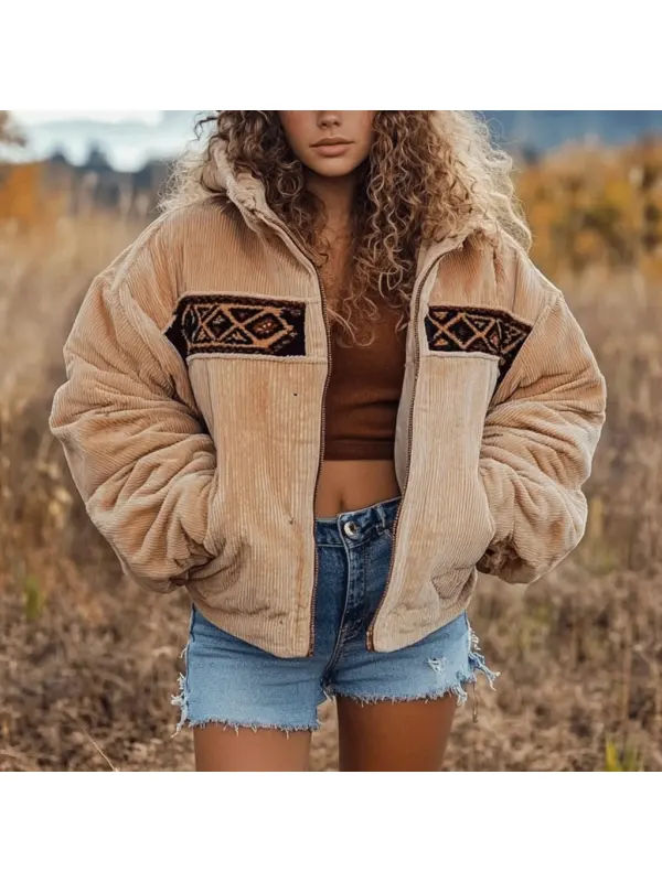 Women's Aztec Panel Corduroy Hooded Jacket - Timetomy.com 