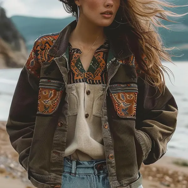 Resort Ethnic Style Pocket Patchwork Printed Jacket - Localziv.com 