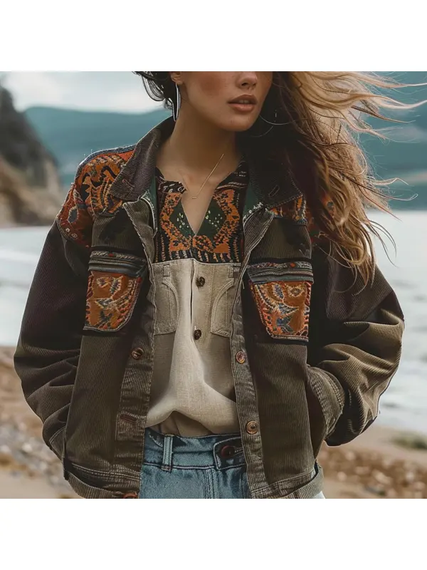 Resort Ethnic Style Pocket Patchwork Printed Jacket - Realyiyishop.com 