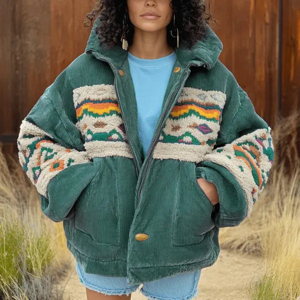 Women's Vintage Ethnic Aztec Corduroy Casual Hooded Jacket - Spiretime.com 