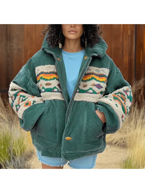 Women's Vintage Ethnic Aztec Corduroy Casual Hooded Jacket - Timetomy.com 