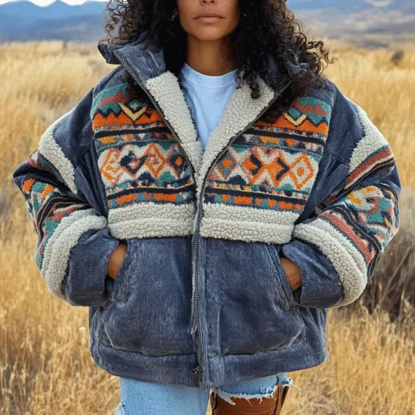 Women's Vintage Ethnic Corduroy Hooded Jacket - Cotosen.com 