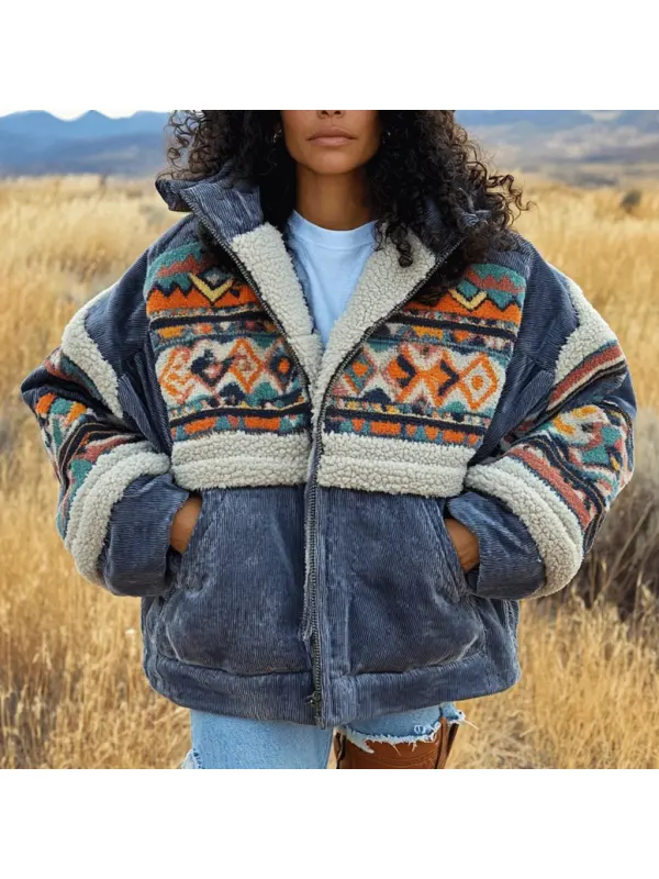 Women's Vintage Ethnic Corduroy Hooded Jacket - Ootdmw.com 