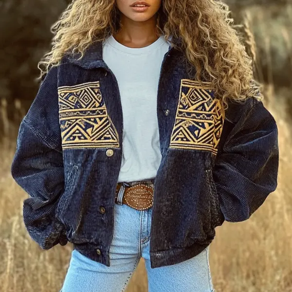 Women's Vintage Aztec Panel Casual Corduroy Hooded Jacket - Spiretime.com 