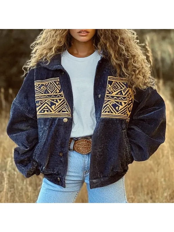 Women's Vintage Aztec Panel Casual Corduroy Hooded Jacket - Anrider.com 