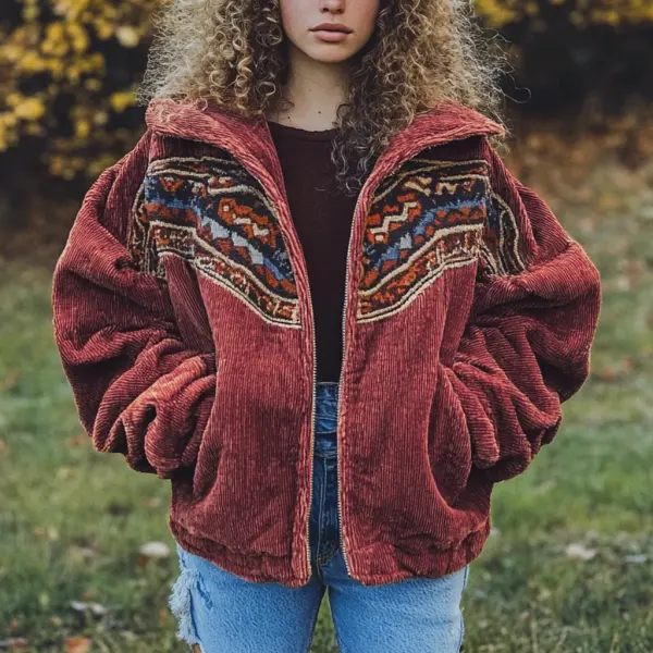 Women's Vintage Ethnic Corduroy Loose Hooded Jacket - Ootdyouth.com 