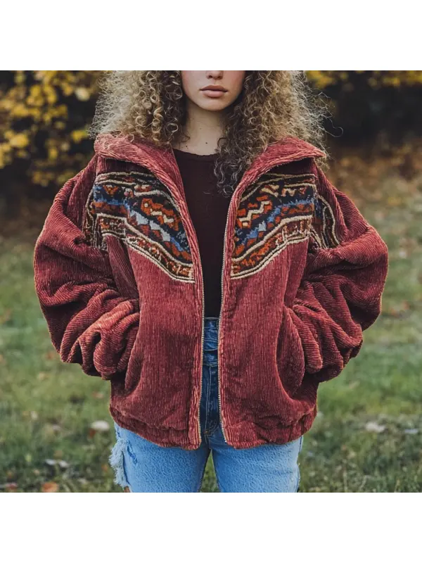 Women's Vintage Ethnic Corduroy Loose Hooded Jacket - Ootdmw.com 