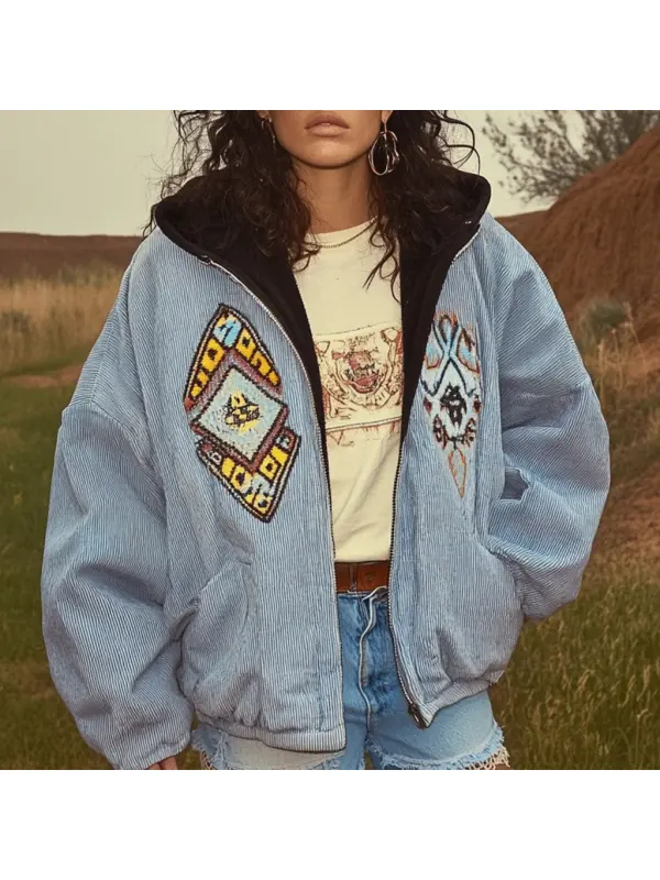 Women's Vintage Ethnic Aztec Corduroy Hooded Jacket - Ootdmw.com 