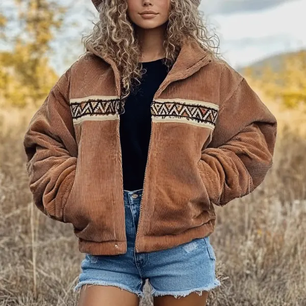 Women's Vintage Ethnic Corduroy Casual Hooded Jacket - Ootdyouth.com 