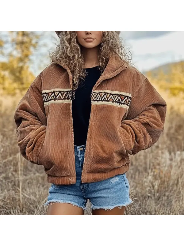 Women's Vintage Ethnic Corduroy Casual Hooded Jacket - Timetomy.com 