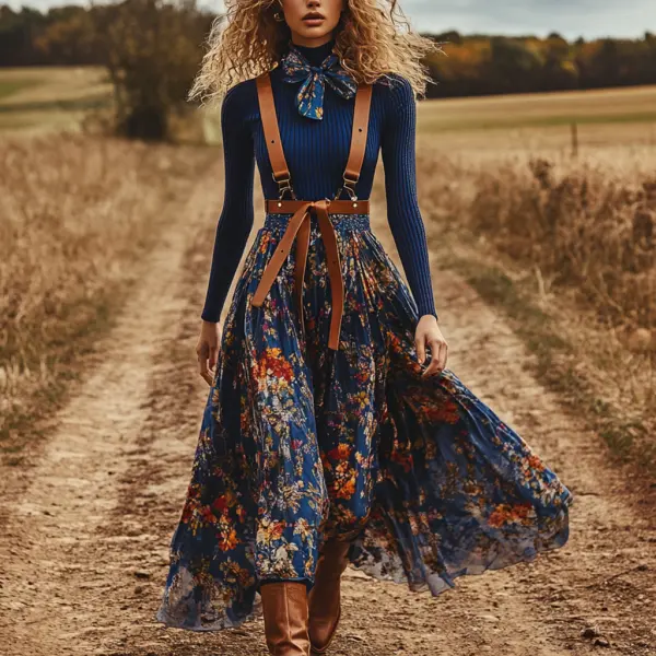 Women's Two-piece Bohemian Pastoral Suspender Floral Dress Autumn And Winter Retro Square Neck Long Dress Two-piece Set - Ootdyouth.com 
