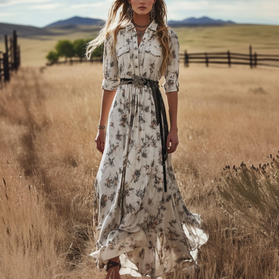 

Ladies Vintage Cream Floral Printed Western Style Long Sleeves Rustic Boho Dress