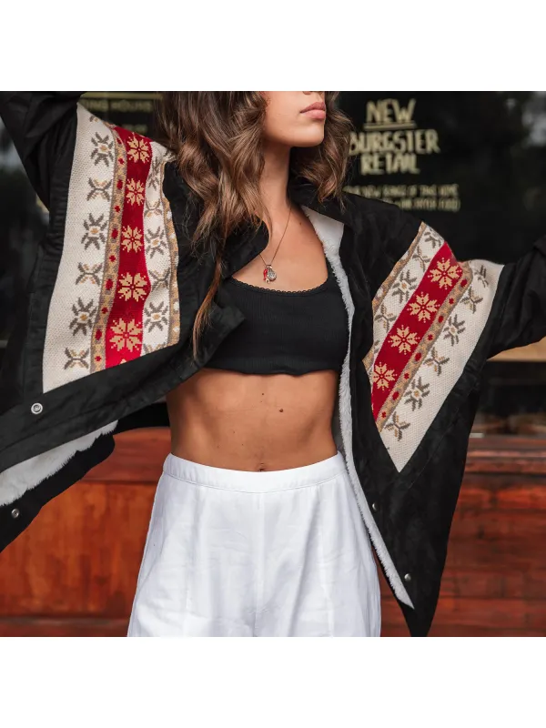 Retro Abstract Aztec Pattern Print Color Matching Stitching Loose Outdoor Casual Plush Coat Jacket Aztecs Lapel Jacket - Ootdmw.com 