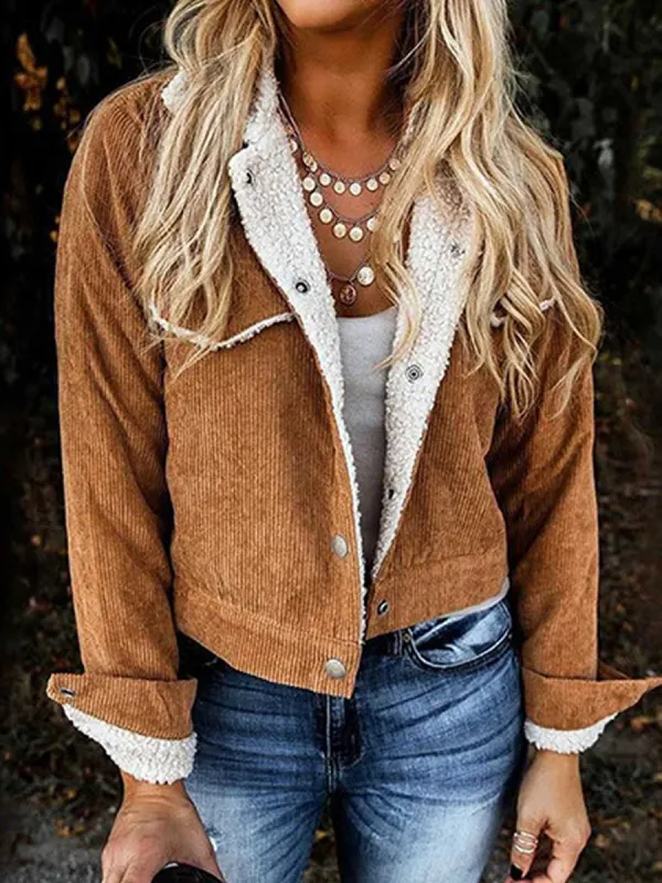 Casual Retro Lapel Pocket Lamb Wool Corduroy Stitching Jacket - Ootdmw.com 