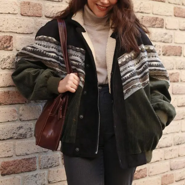 Women Retro Corduroy Patchwork Fleece Jacket Coat - Ootdyouth.com 