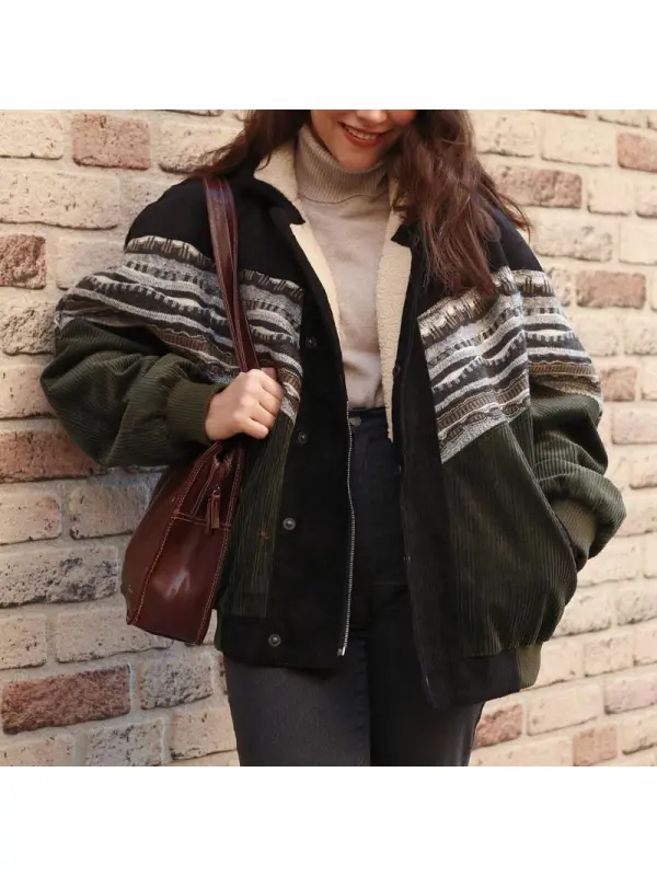 Women Retro Corduroy Patchwork Fleece Jacket Coat - Timetomy.com 