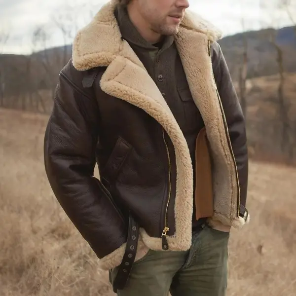 Men's Outdoor Vintage Thick Fleece PU Jacket - Zivinfo.com 