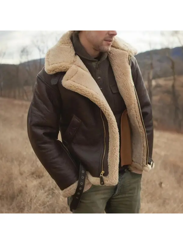 Men's Outdoor Vintage Thick Fleece PU Jacket - Ootdmw.com 