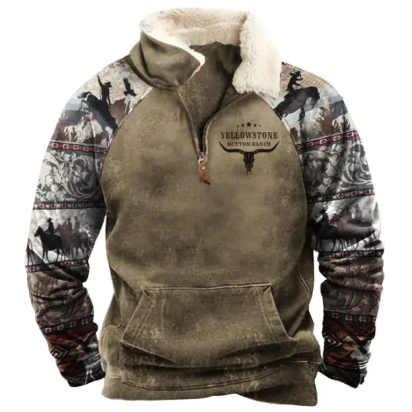 Men's Vintage Yellowstone Western Cowboy Zipper Fleece Neck Sweatshirt - Cotosen.com 