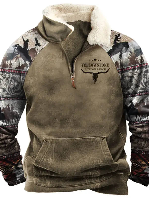 Men's Vintage Yellowstone Western Cowboy Zipper Fleece Neck Sweatshirt - Menbarn.com 