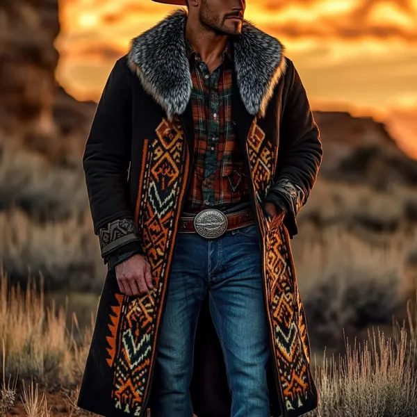 Western Cowboy Retro Aztec Print Ethnic Plush Warm Men's Coat Jacket - Trisunshine.com 