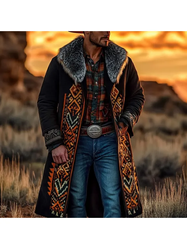 Western Cowboy Retro Aztec Print Ethnic Plush Warm Men's Coat Jacket - Ootdmw.com 