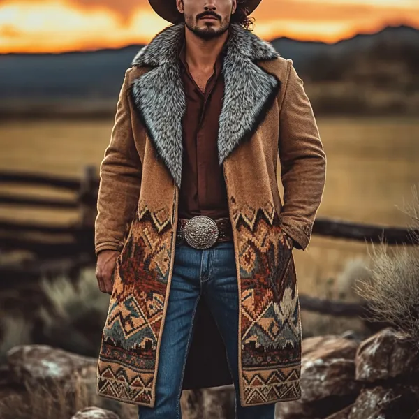 Western Cowboy Retro Aztec Print Ethnic Plush Warm Men's Coat Jacket - Dozenlive.com 