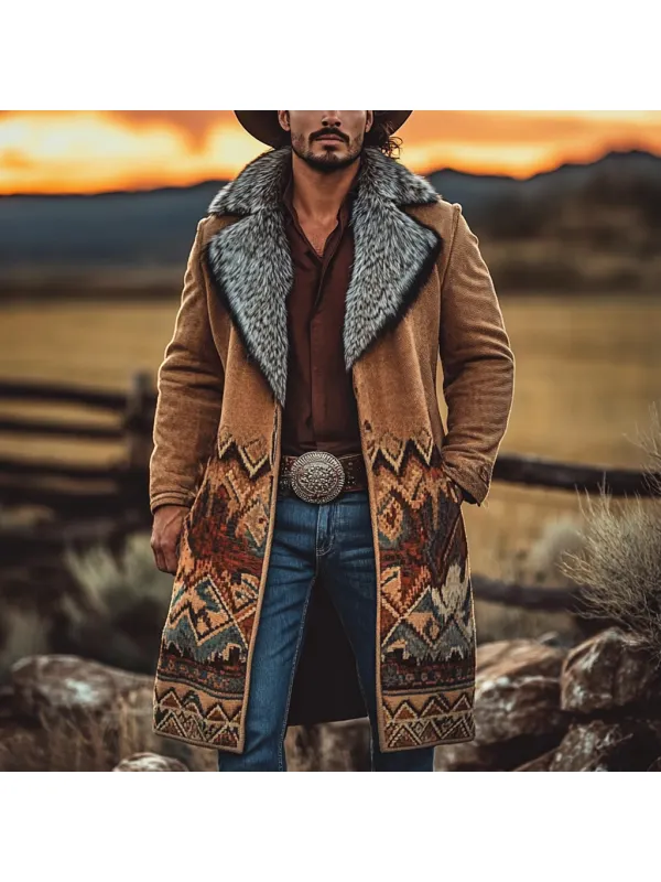 Western Cowboy Retro Aztec Print Ethnic Plush Warm Men's Coat Jacket - Timetomy.com 