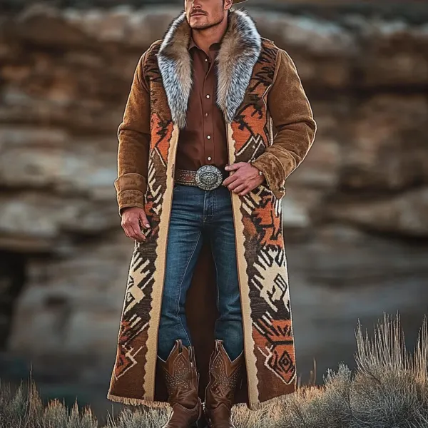 Western Cowboy Retro Aztec Print Ethnic Plush Warm Men's Coat Jacket - Spiretime.com 