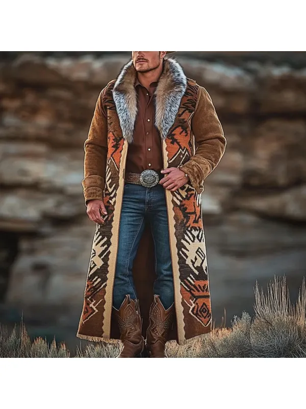 Western Cowboy Retro Aztec Print Ethnic Plush Warm Men's Coat Jacket - Timetomy.com 