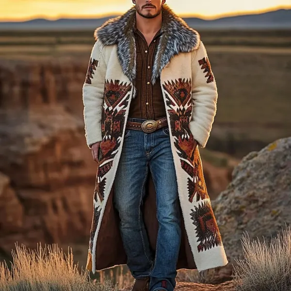 Western Cowboy Retro Aztec Print Ethnic Plush Warm Men's Coat Jacket - Ootdyouth.com 