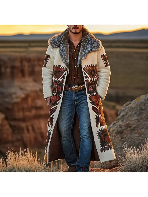 Western Cowboy Retro Aztec Print Ethnic Plush Warm Men's Coat Jacket - Anrider.com 