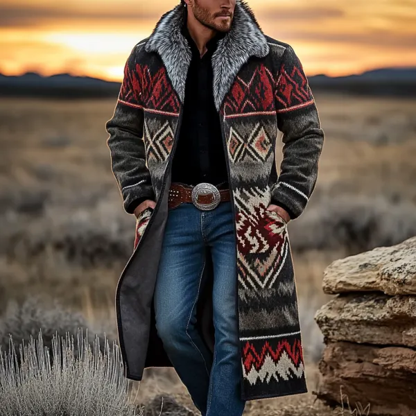 Western Cowboy Retro Aztec Print Ethnic Plush Warm Men's Coat Jacket - Spiretime.com 