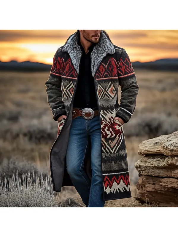 Western Cowboy Retro Aztec Print Ethnic Plush Warm Men's Coat Jacket - Anrider.com 