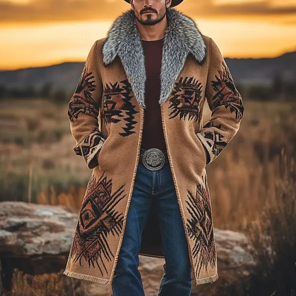 Western Cowboy Retro Aztec Print Ethnic Plush Warm Men's Coat Jacket - Spiretime.com 