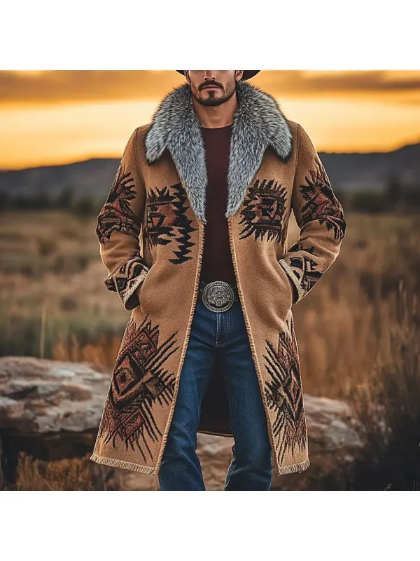 Western Cowboy Retro Aztec Print Ethnic Plush Warm Men's Coat Jacket - Timetomy.com 