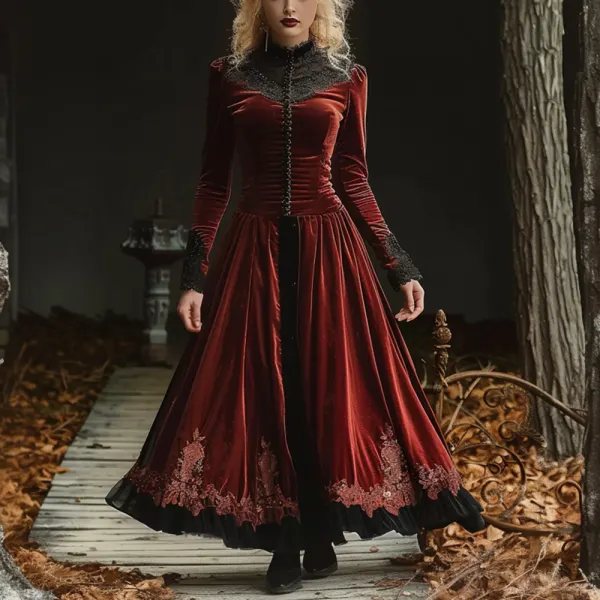 Women Halloween Party Gothic Velvet Lace Splicing Dress - Ootdyouth.com 