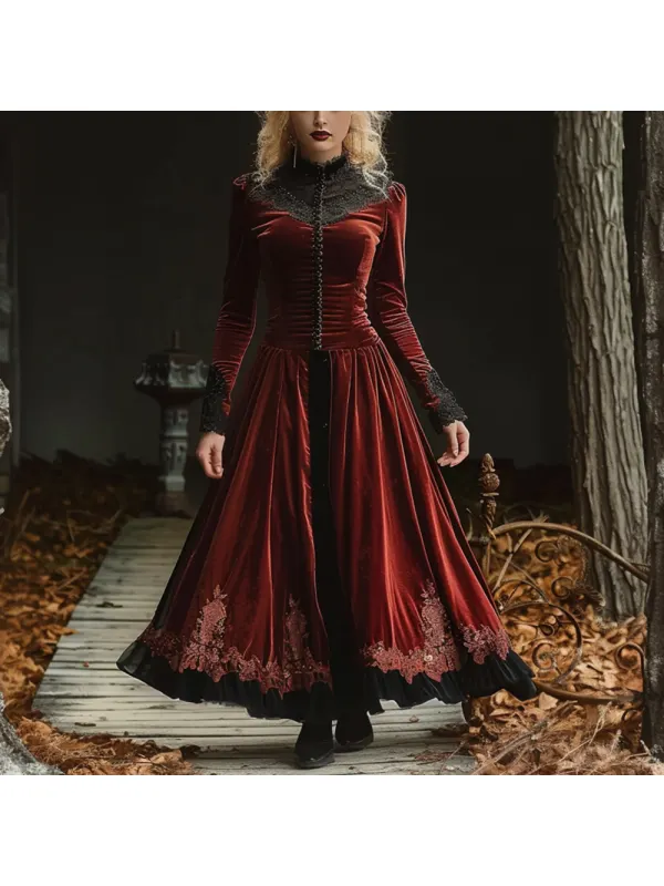 Women Halloween Party Gothic Velvet Lace Splicing Dress - Ootdmw.com 